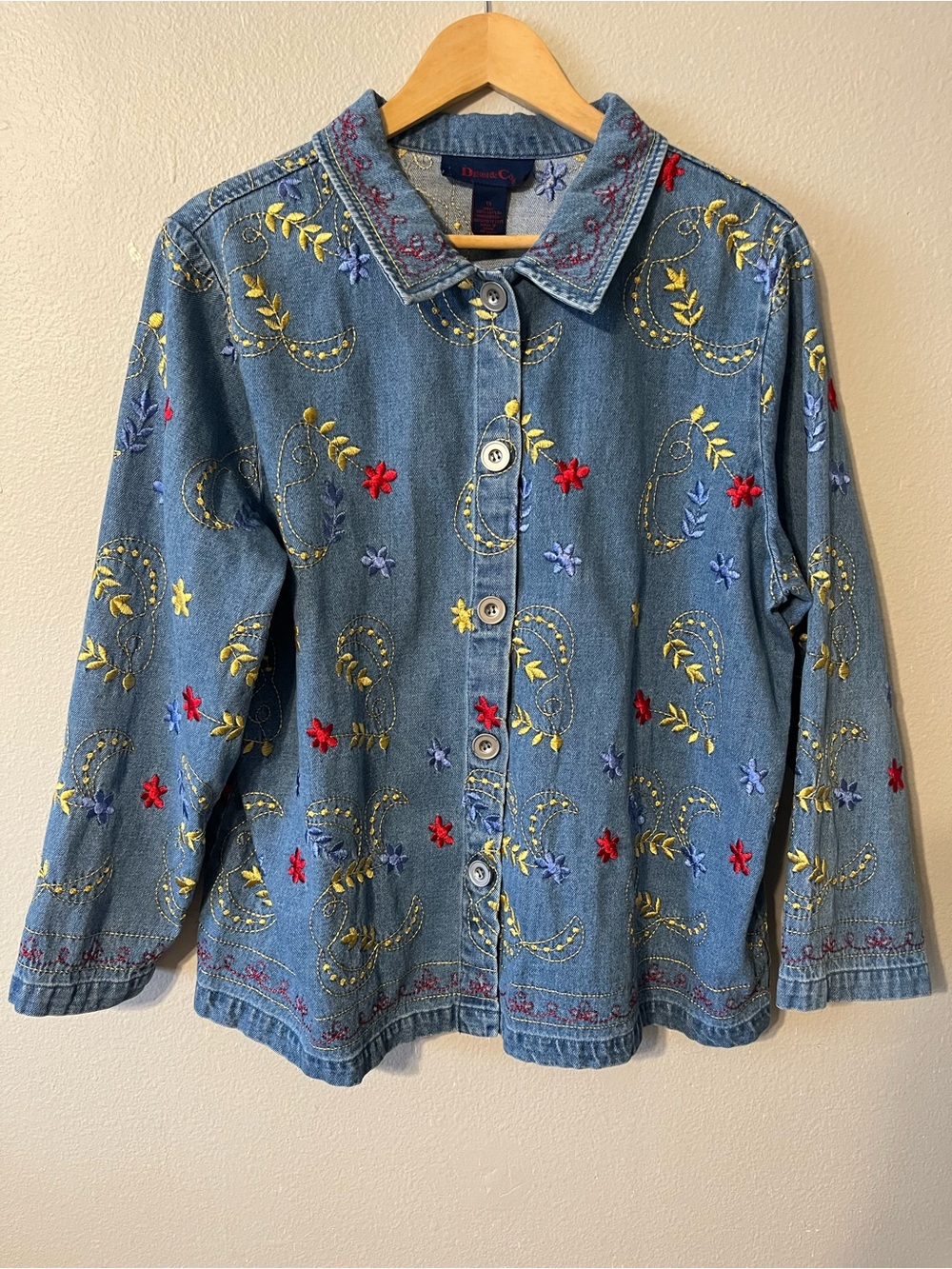Vintage Embroidered Denim Jacket Red Yellow Blue Floral Cottagecore Boho Size 1X